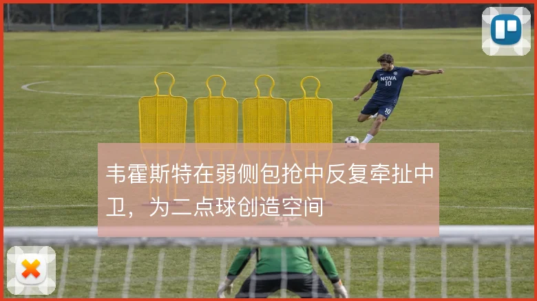 韦霍斯特在弱侧包抢中反复牵扯中卫，为二点球创造空间